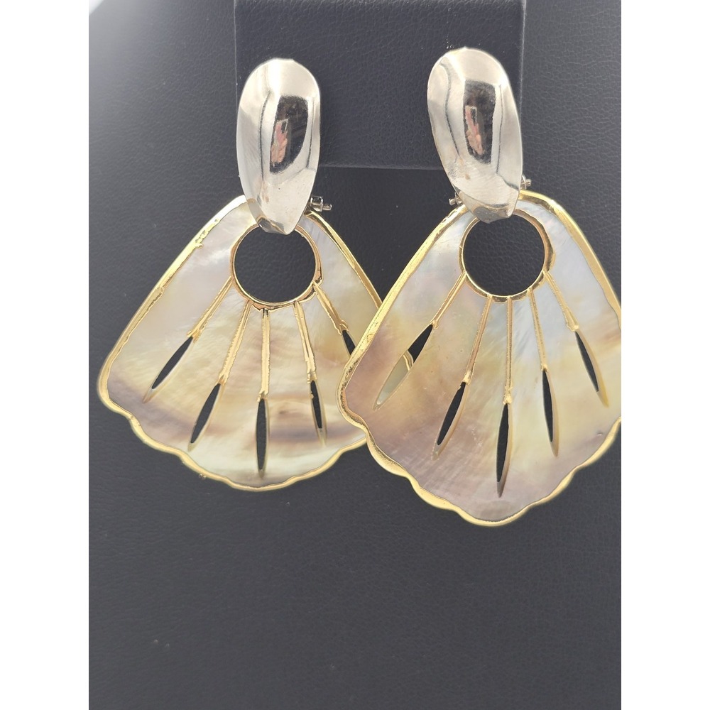 Elegant Mother of Pearl Fan Dangle Clip-On Earrings Gold &‎ Silver Tone Fashion - Picture 2 of 9
